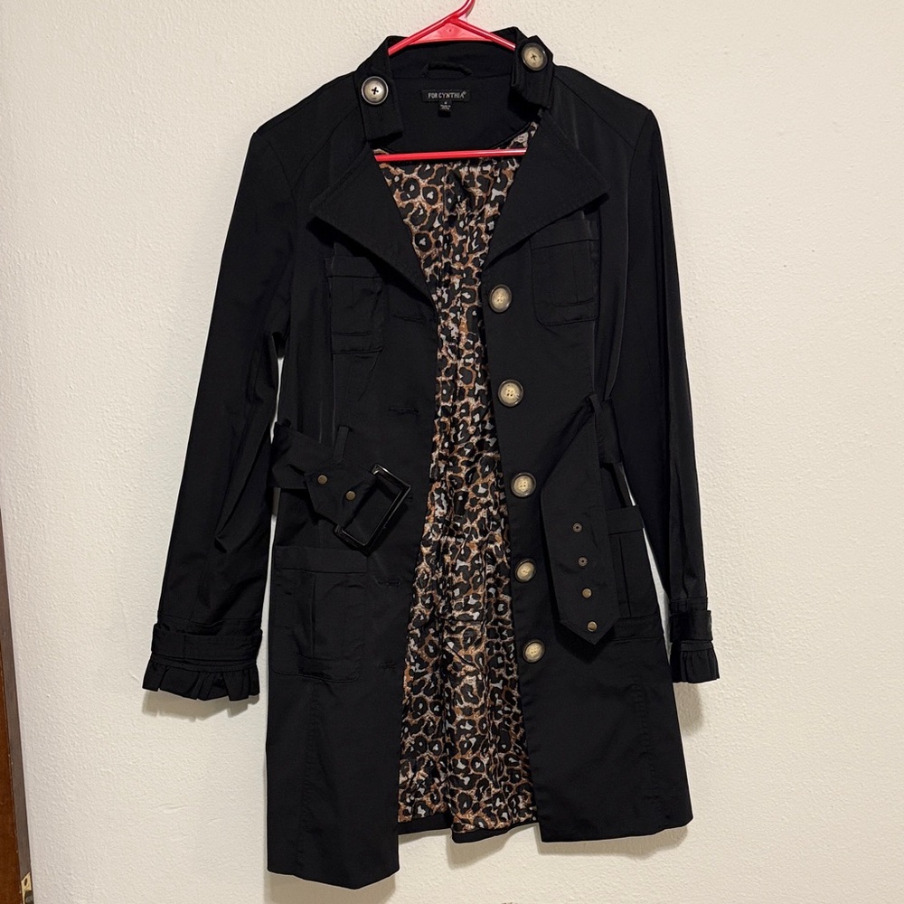For Cynthia Black Trench Coat with Leopard Lining
